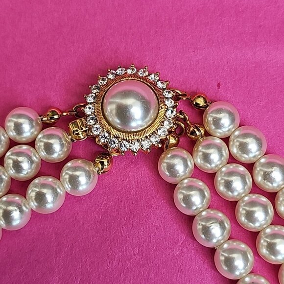 Vintage Faux Pearl Triple Strand Necklace With Ornate Gold Tone Clasp Choker - Picture 2 of 10